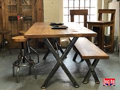 x frame plank pine top industrial dining table metal legged