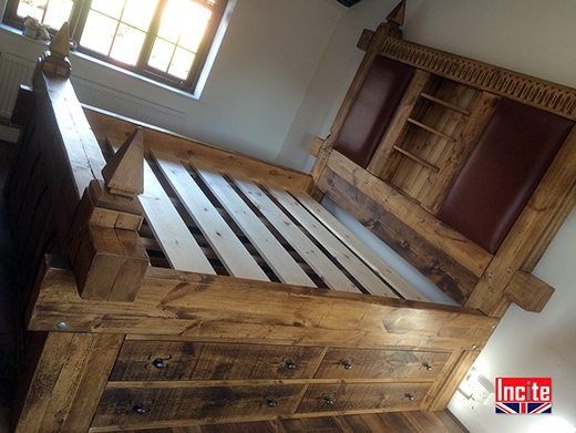 Hand Carved Rustic Pine Bed with Drawers