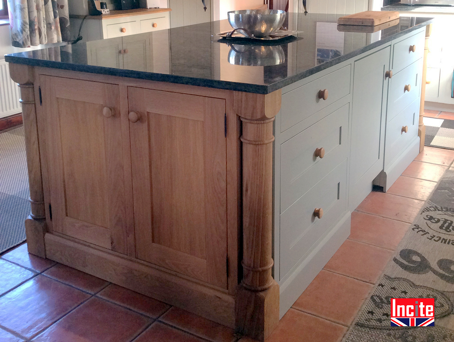 French Gray Painted Oak Kitchen Island Incite Interiors