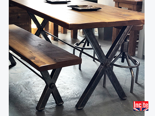 x frame plank pine top industrial dining table metal legged