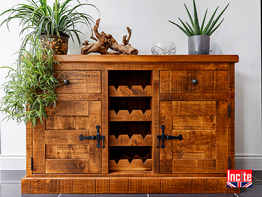 Solid Plank Pine Wooden Sideboard with Wine Rack