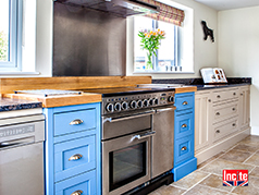 Two Tone Painted Bespoke Handmade Kitchen by Incite Interiors Derby. Hand Painted in Farrow and Ball Cooks Blue and Oxford Stone. 