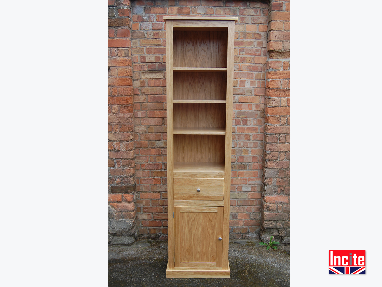 Bespoke America Oak Tall Slim Bookcase Storage Cupboard