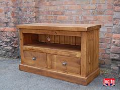 A Rustic Plank Pine Tv Cabinet with Open Space Above and Drawer Below Handmade By Incite Interiors