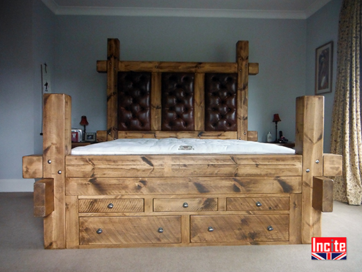 Rustic Plank Pine Drawer Bed Buttoned Headboard