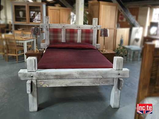 handmade distressed painted plank beam bed