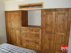 Handmade Solid Rustic Plank Pine Fitment Of A Wardrobe Either Side Of Chest Of drawers 