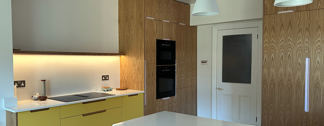 Contemporary Painted Yellow Oak Kitchen custom made by Incite Interiors Derbyshire