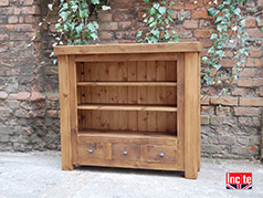 British Handmade Rustic Chunky Plank Pine Bookcase above 2 Small Drawers By Incite Interiors Derbyshire, Specialises In Solid Wooden Bedroom, Lounge,  Dining Room, Hall, And office Furniture, Oak , Beech, Walnut, Pine And Painted Wood Furniture